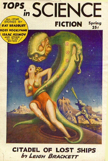 A pul sci fi magazine cover with a scantily clad woman struggling with a tentacled alien