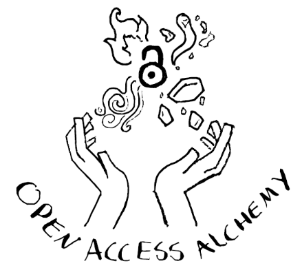 A pair of hand conjure up a spel with the open access logoin the middle. 